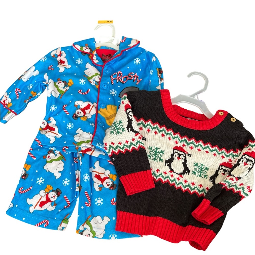 Blue Frosty Pajama Set and Penguin Sweater